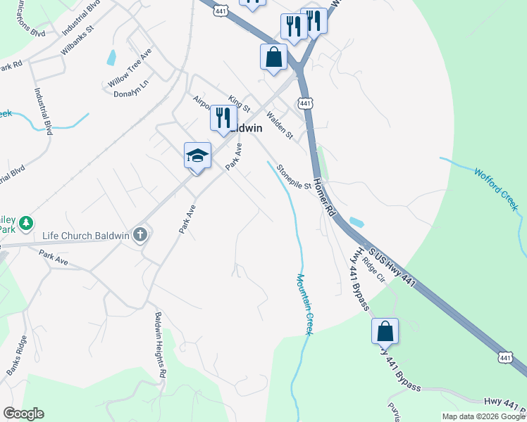 map of restaurants, bars, coffee shops, grocery stores, and more near 349 Baldwin Falls Road in Baldwin