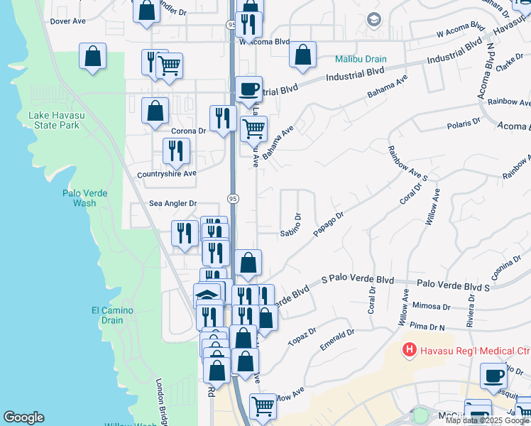 map of restaurants, bars, coffee shops, grocery stores, and more near 491 North Lake Havasu Avenue in Lake Havasu City