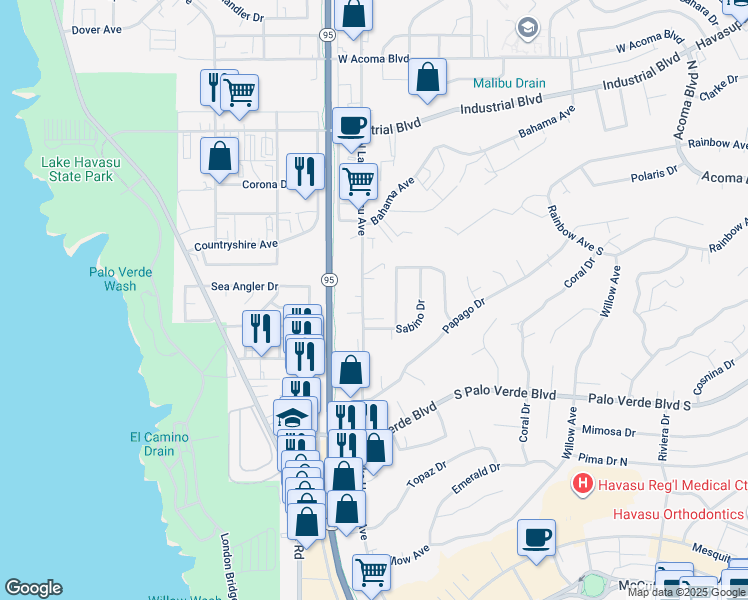 map of restaurants, bars, coffee shops, grocery stores, and more near 491 North Lake Havasu Avenue in Lake Havasu City