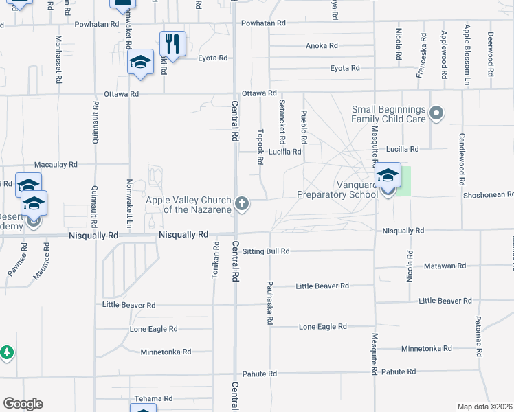 map of restaurants, bars, coffee shops, grocery stores, and more near 22576 Ojai Road in Apple Valley