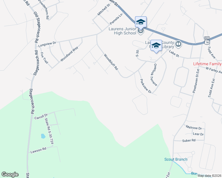 map of restaurants, bars, coffee shops, grocery stores, and more near 305 Wardlaw Road in Laurens