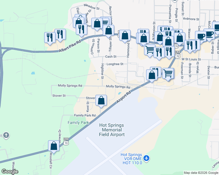 map of restaurants, bars, coffee shops, grocery stores, and more near 102 Webb Lane in Hot Springs