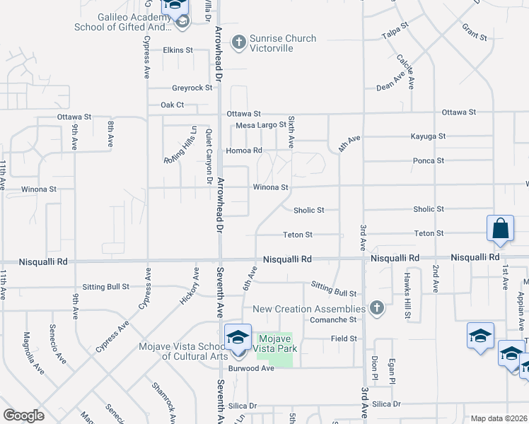 map of restaurants, bars, coffee shops, grocery stores, and more near 13020 6th Avenue in Victorville
