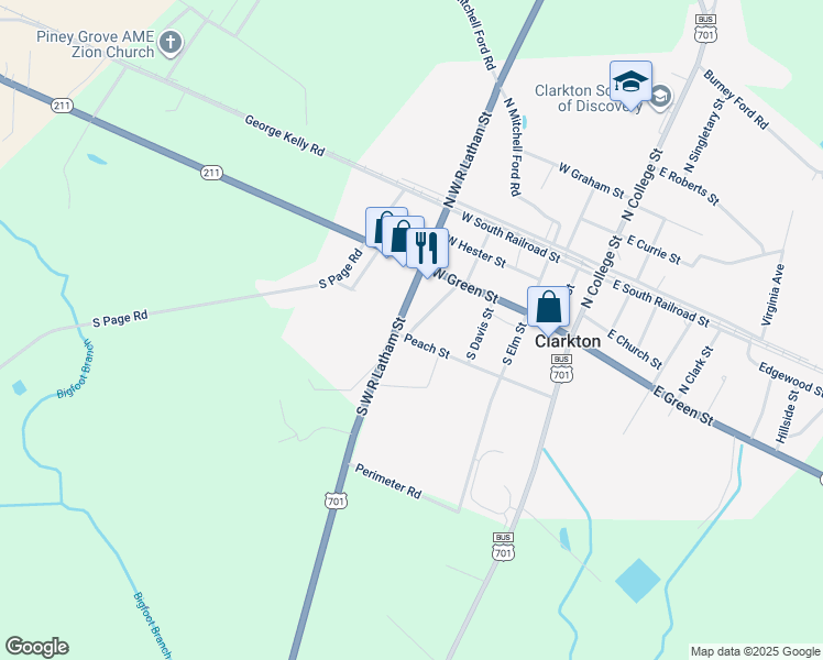 map of restaurants, bars, coffee shops, grocery stores, and more near 350 Peach Street in Clarkton