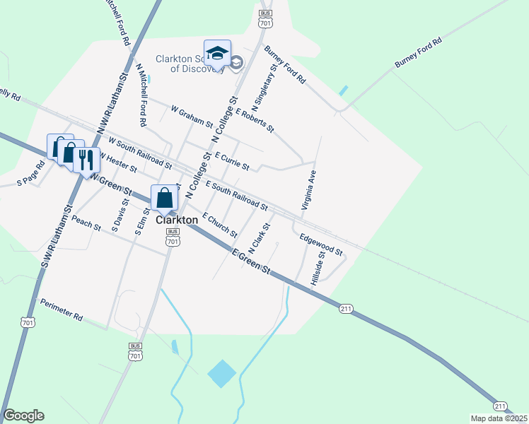 map of restaurants, bars, coffee shops, grocery stores, and more near 272 East South Railroad Street in Clarkton