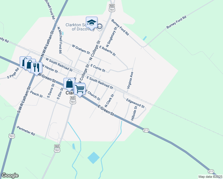 map of restaurants, bars, coffee shops, grocery stores, and more near 272 East South Railroad Street in Clarkton