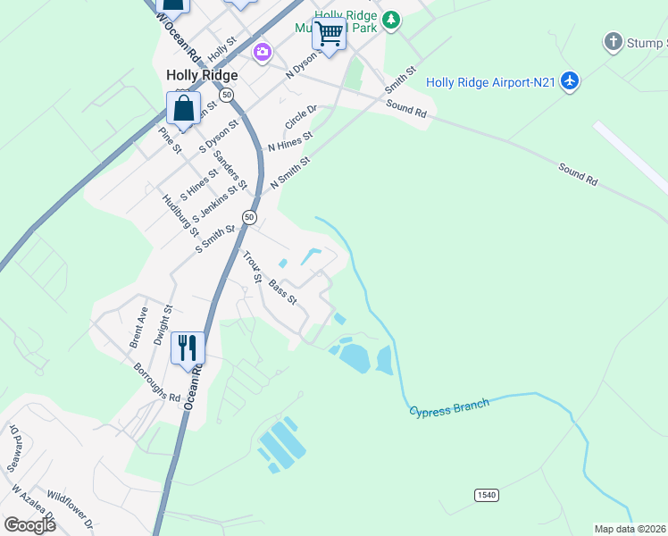 map of restaurants, bars, coffee shops, grocery stores, and more near 114 Bream Street in Holly Ridge