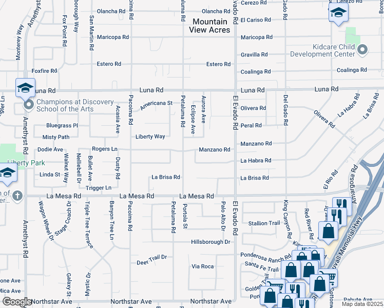 map of restaurants, bars, coffee shops, grocery stores, and more near 13059 Petaluma Road in Victorville