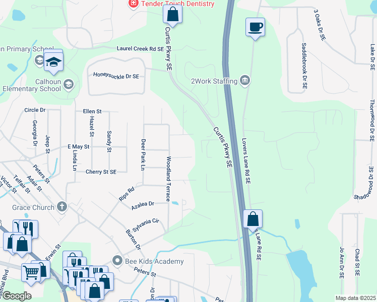 map of restaurants, bars, coffee shops, grocery stores, and more near 108 Oxford Drive in Calhoun