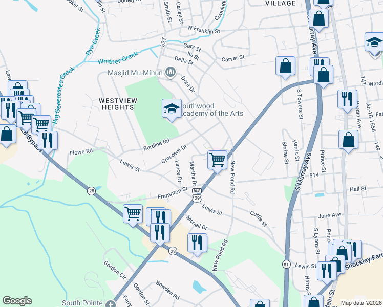 map of restaurants, bars, coffee shops, grocery stores, and more near 610 Martha Drive in Anderson