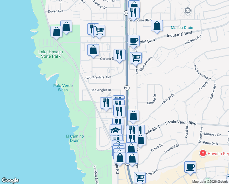 map of restaurants, bars, coffee shops, grocery stores, and more near 1604 Sea Angler Drive in Lake Havasu City