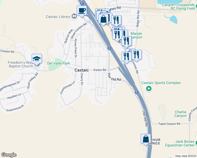 map of restaurants, bars, coffee shops, grocery stores, and more near 31344 Nichols Lane in Castaic