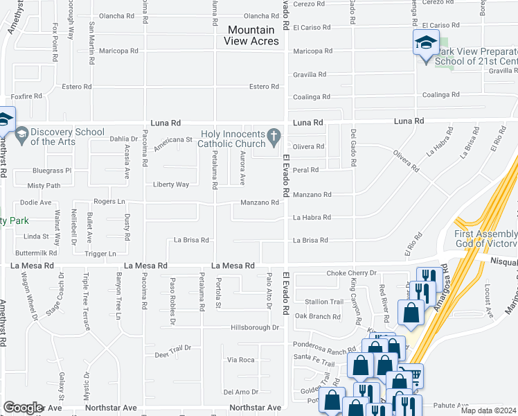 map of restaurants, bars, coffee shops, grocery stores, and more near 14425 Manzano Road in Victorville