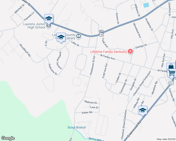 map of restaurants, bars, coffee shops, grocery stores, and more near 115 Sherwood Drive in Laurens
