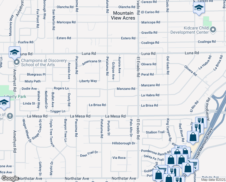 map of restaurants, bars, coffee shops, grocery stores, and more near 13059 Petaluma Road in Victorville