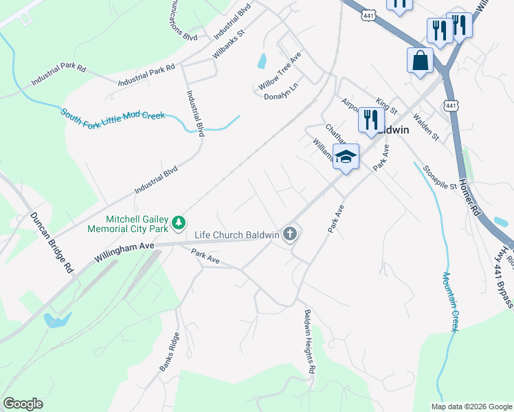 map of restaurants, bars, coffee shops, grocery stores, and more near 215 Parker St in Baldwin