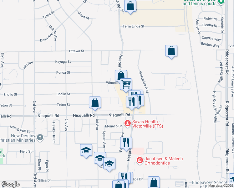 map of restaurants, bars, coffee shops, grocery stores, and more near 13037 Billings Court in Victorville