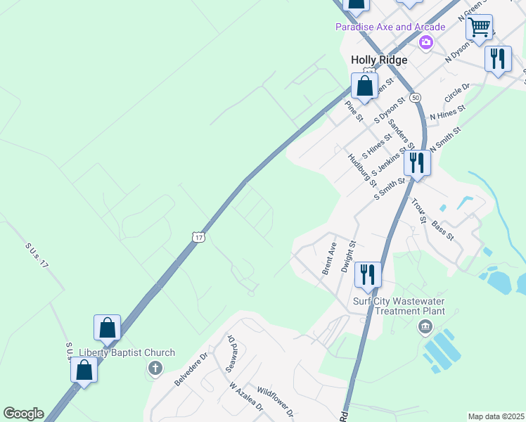 map of restaurants, bars, coffee shops, grocery stores, and more near 402 Ridgeway Lane in Holly Ridge