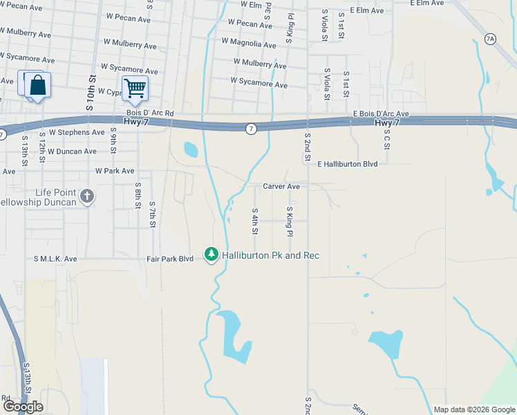 map of restaurants, bars, coffee shops, grocery stores, and more near 1216 South 4th Street in Duncan
