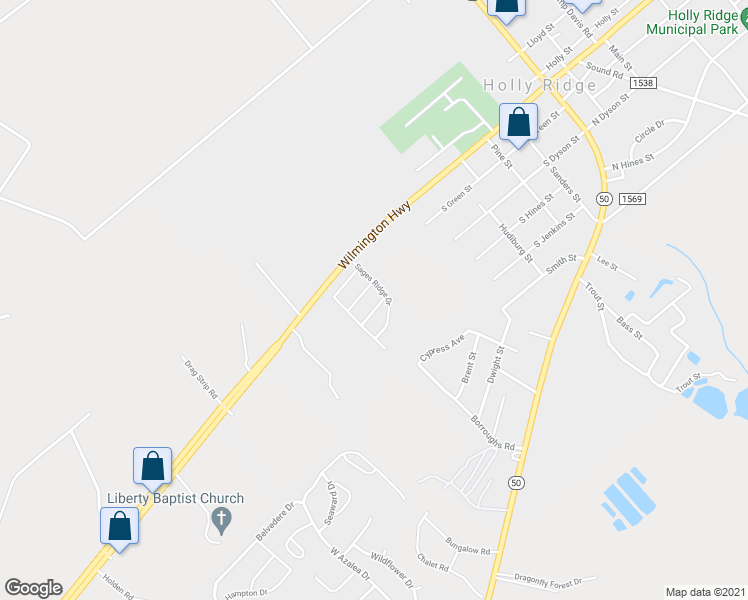 map of restaurants, bars, coffee shops, grocery stores, and more near 402 Ridgeway Lane in Holly Ridge