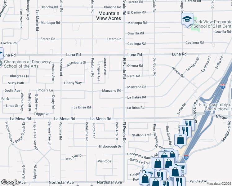 map of restaurants, bars, coffee shops, grocery stores, and more near 14445 Manzano Road in Victorville