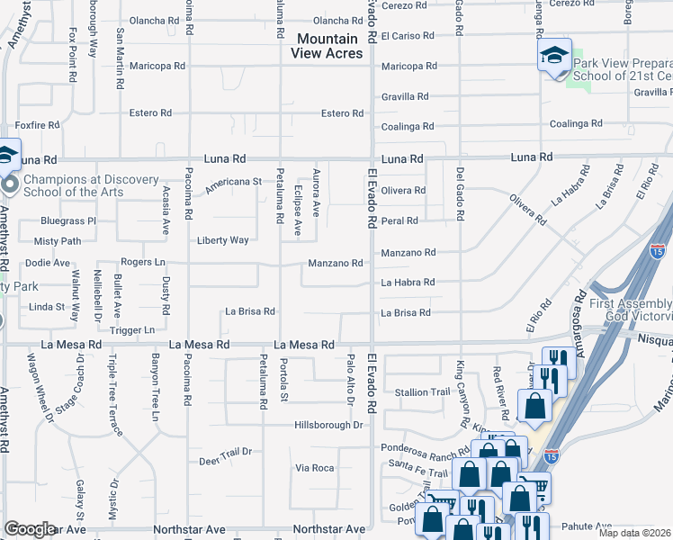 map of restaurants, bars, coffee shops, grocery stores, and more near 14425 Manzano Road in Victorville