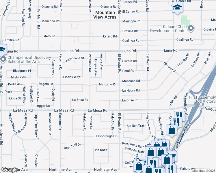 map of restaurants, bars, coffee shops, grocery stores, and more near 14425 Manzano Road in Victorville