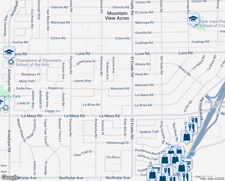 map of restaurants, bars, coffee shops, grocery stores, and more near 14373 Manzano Road in Victorville