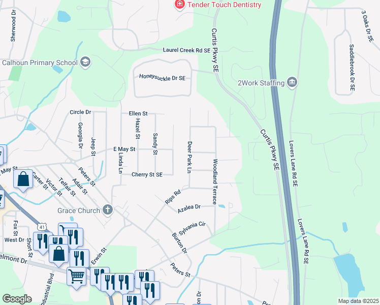 map of restaurants, bars, coffee shops, grocery stores, and more near Deer Park Lane in Calhoun