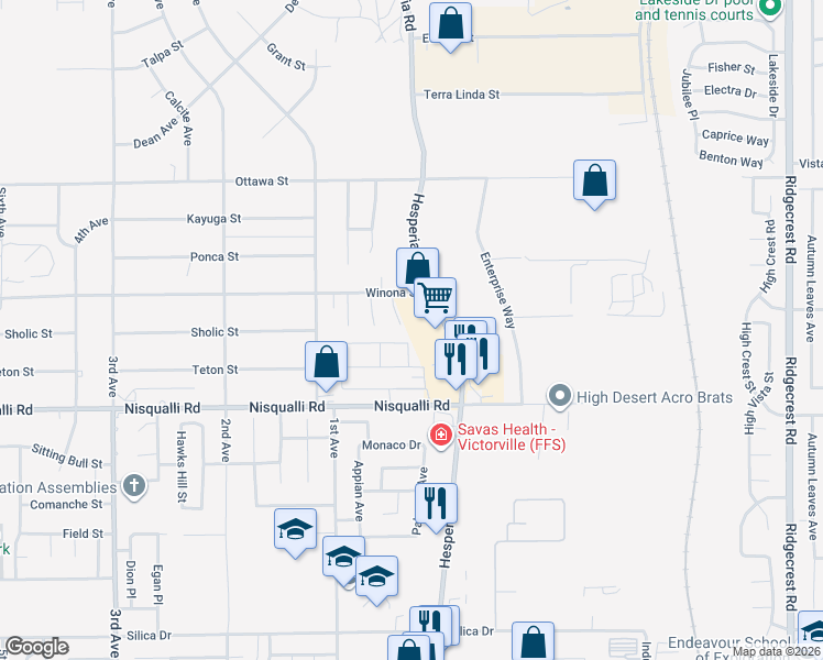 map of restaurants, bars, coffee shops, grocery stores, and more near 13037 Billings Court in Victorville