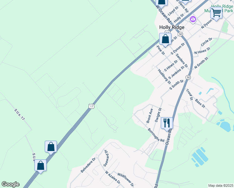 map of restaurants, bars, coffee shops, grocery stores, and more near 402 Ridgeway Lane in Holly Ridge