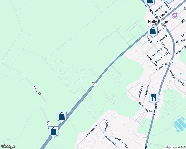 map of restaurants, bars, coffee shops, grocery stores, and more near 139 Beacon Woods Drive in Holly Ridge