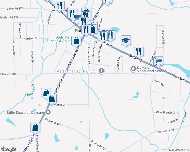 map of restaurants, bars, coffee shops, grocery stores, and more near 37 George Wallace Drive Southeast in Rainsville