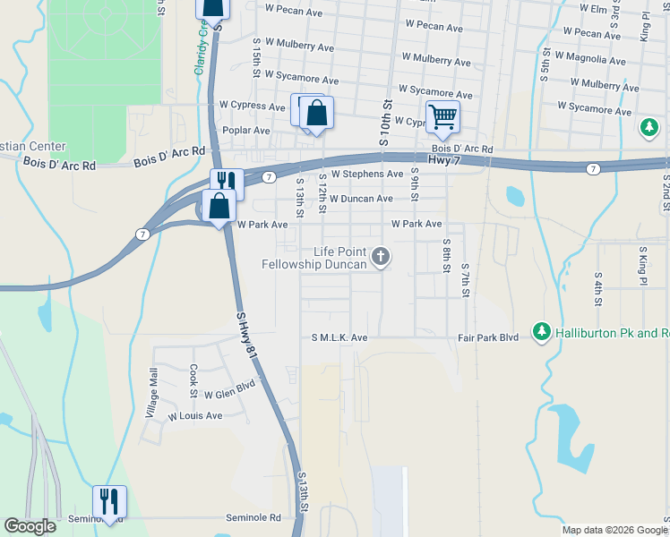 map of restaurants, bars, coffee shops, grocery stores, and more near 1105 Washington Avenue in Duncan