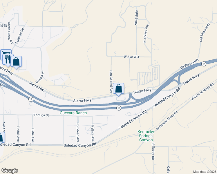map of restaurants, bars, coffee shops, grocery stores, and more near San Gabriel Avenue in Acton
