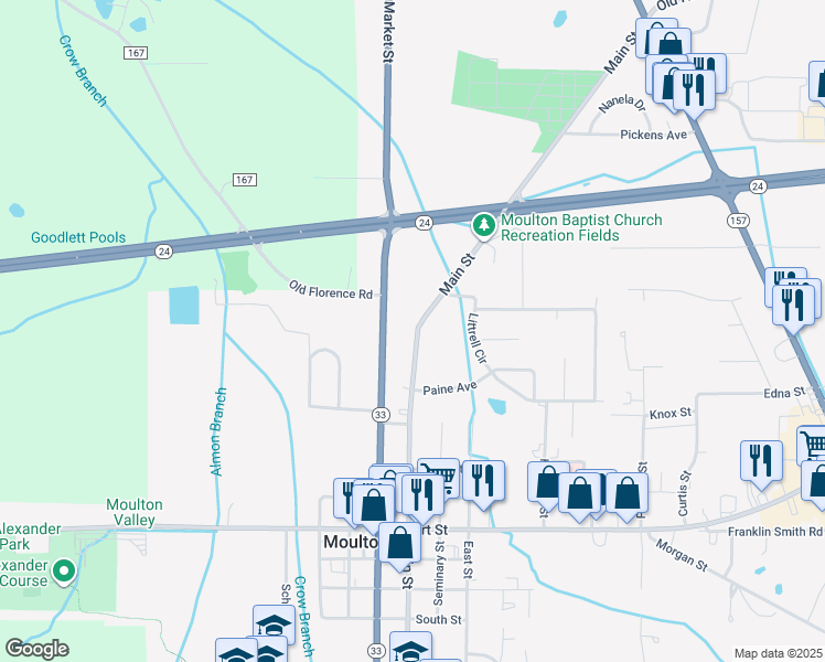 map of restaurants, bars, coffee shops, grocery stores, and more near 1199 Main Street in Moulton