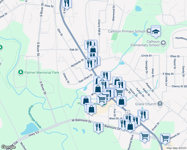 map of restaurants, bars, coffee shops, grocery stores, and more near 801 South Wall Street in Calhoun
