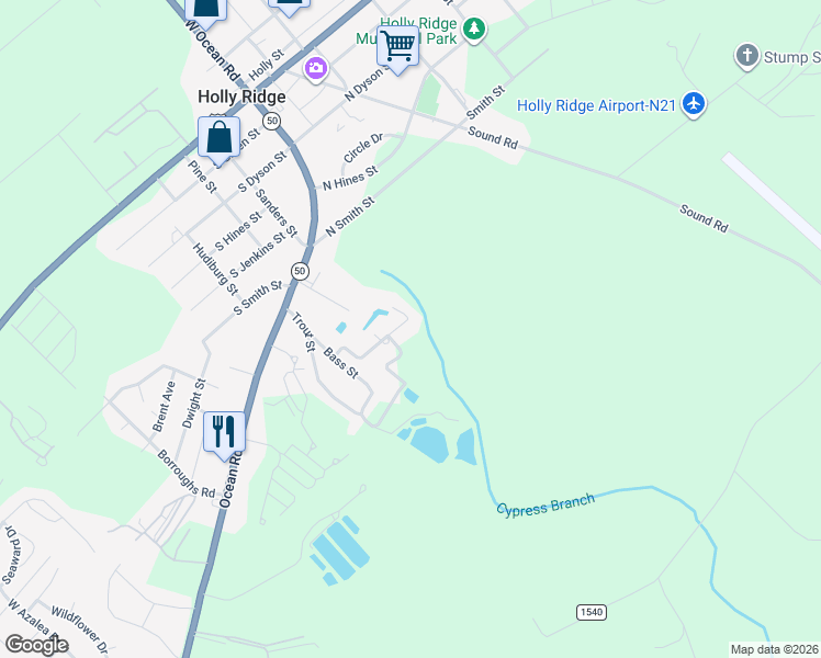 map of restaurants, bars, coffee shops, grocery stores, and more near 114 Bream Street in Holly Ridge