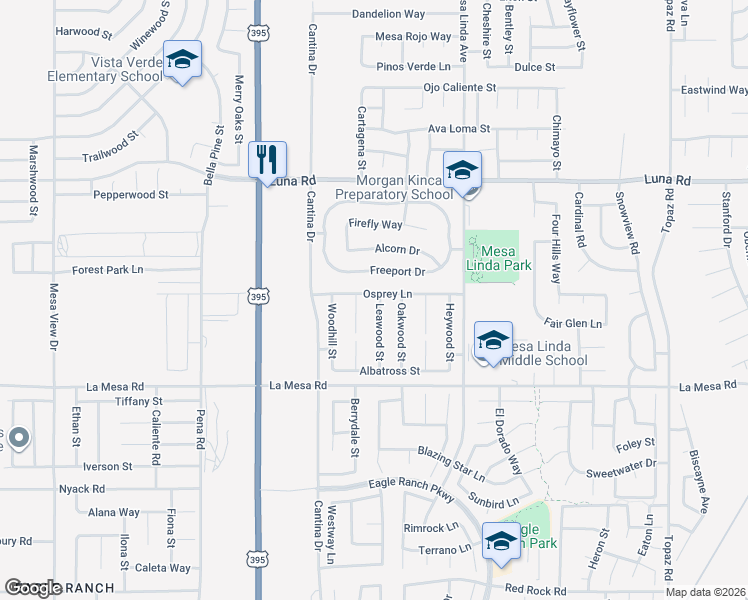 map of restaurants, bars, coffee shops, grocery stores, and more near 13092 Leawood Street in Victorville