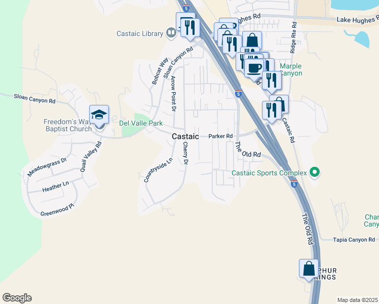 map of restaurants, bars, coffee shops, grocery stores, and more near 31329 Cherry Drive in Castaic