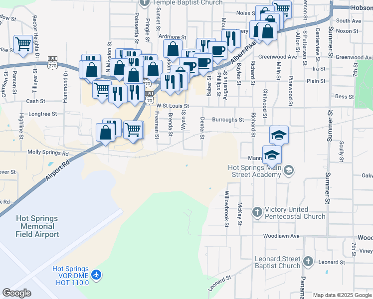 map of restaurants, bars, coffee shops, grocery stores, and more near 150 Sun Street in Hot Springs