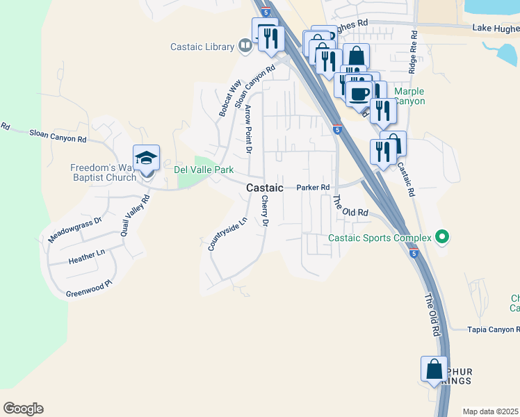 map of restaurants, bars, coffee shops, grocery stores, and more near 31329 Cherry Drive in Castaic