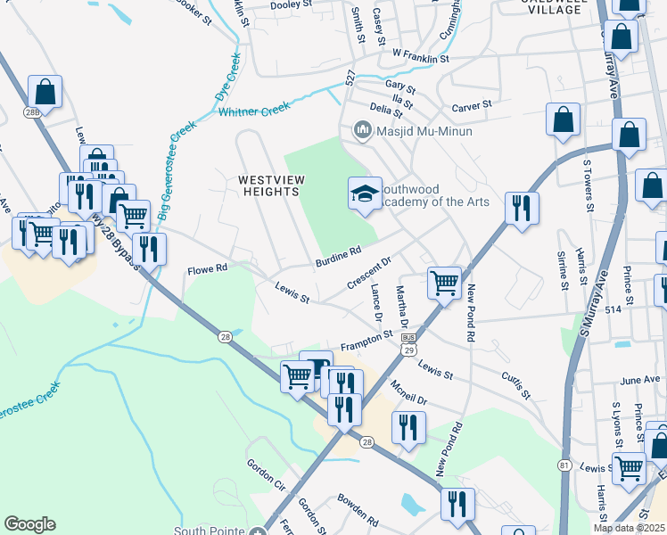 map of restaurants, bars, coffee shops, grocery stores, and more near 715 Burdine Road in Anderson