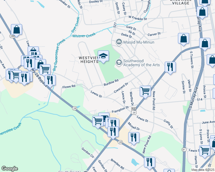 map of restaurants, bars, coffee shops, grocery stores, and more near 715 Burdine Road in Anderson