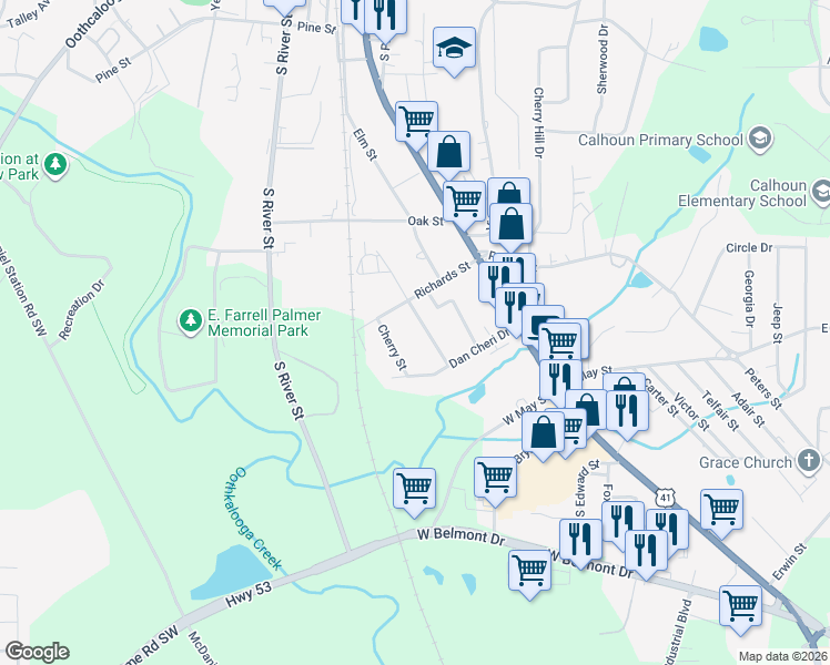 map of restaurants, bars, coffee shops, grocery stores, and more near 107 South Louise Avenue in Calhoun