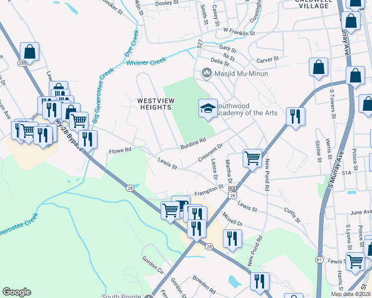 map of restaurants, bars, coffee shops, grocery stores, and more near 717 Burdine Road in Anderson
