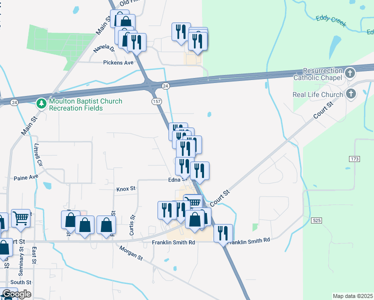 map of restaurants, bars, coffee shops, grocery stores, and more near 11884 Alabama 157 in Moulton