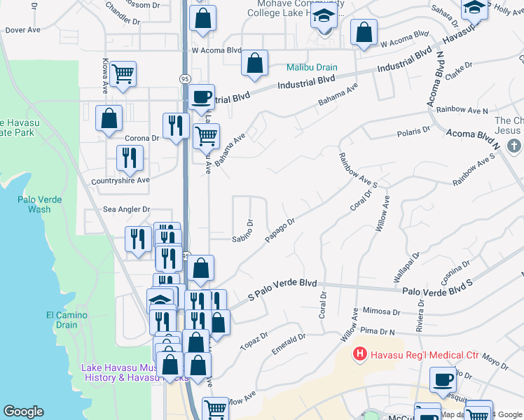 map of restaurants, bars, coffee shops, grocery stores, and more near 425 Llanos Drive in Lake Havasu City