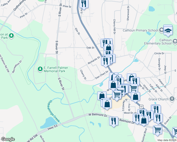 map of restaurants, bars, coffee shops, grocery stores, and more near 107 South Louise Avenue in Calhoun