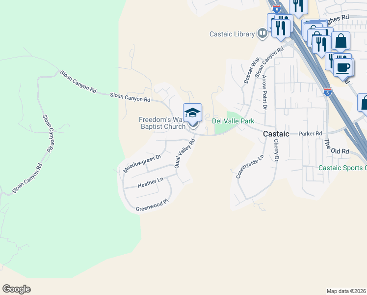 map of restaurants, bars, coffee shops, grocery stores, and more near 31347 Quail Valley Road in Castaic